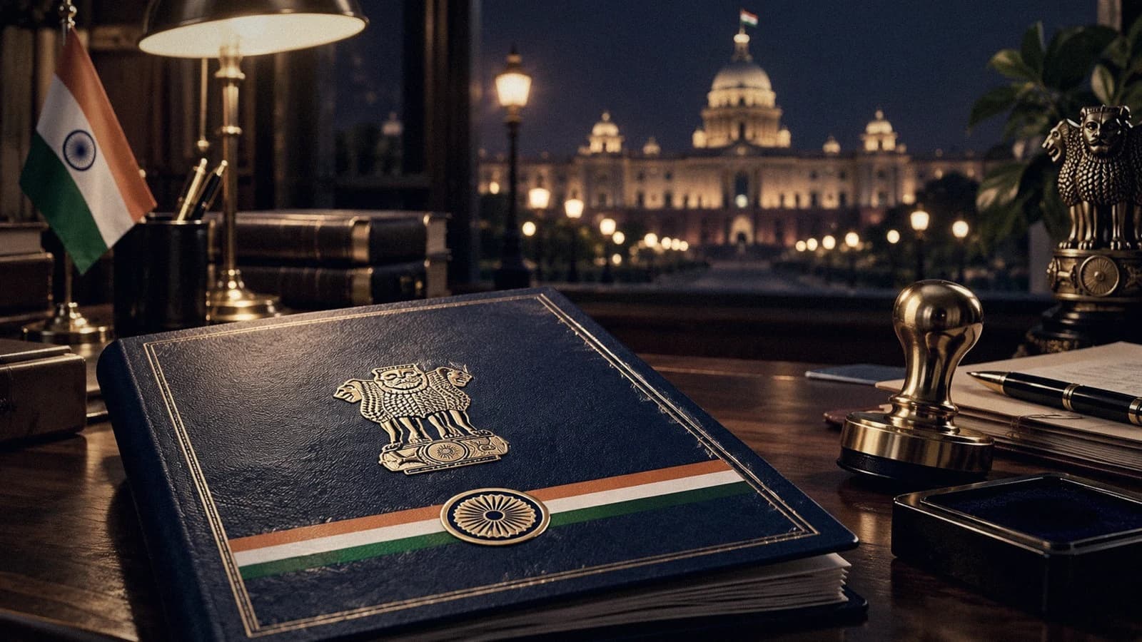Security agency filing dossier with the Indian emblem outside an illuminated government building