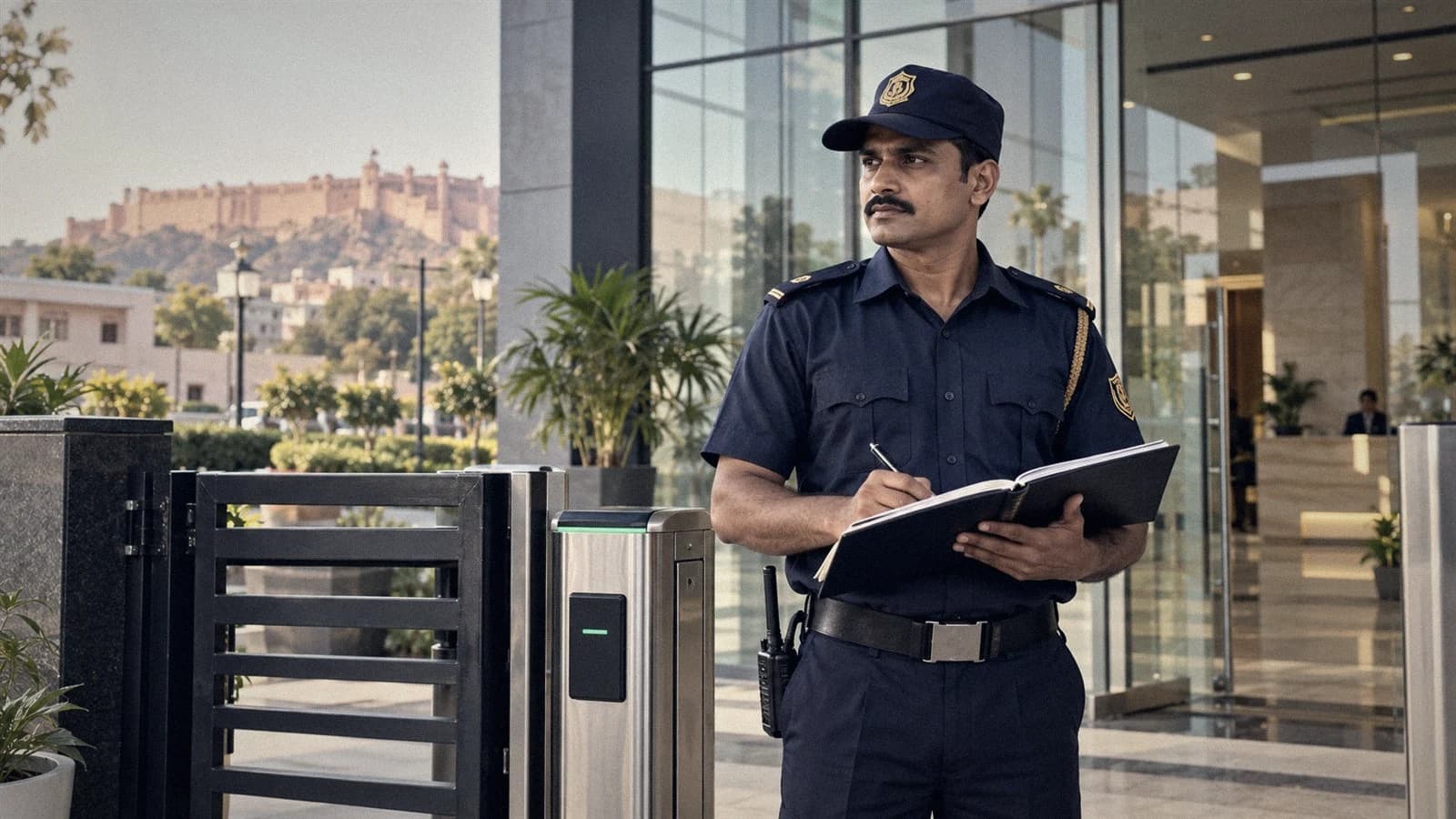 Security guard reviewing a register outside an office in Jaipur
